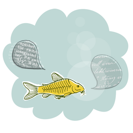 Illustration som visar en gul fisk. På ena sidan har den en pratbubbla med väldigt rörig text, på andra sidan en pratbubbla med vacker skrivstil.