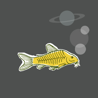 En gul fisk som blåser bubblor. Den översta bubblan är en planet med Saturnus-ringar.
